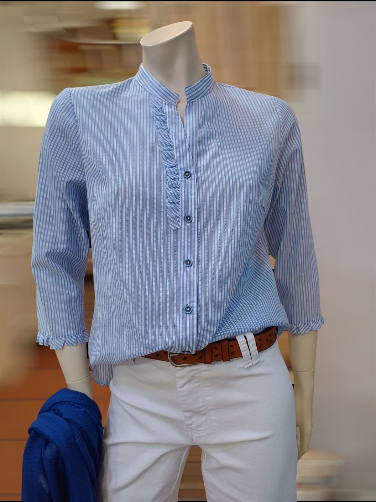 Camisa rayas azul algodón cuello mao mujer - Imagen 1